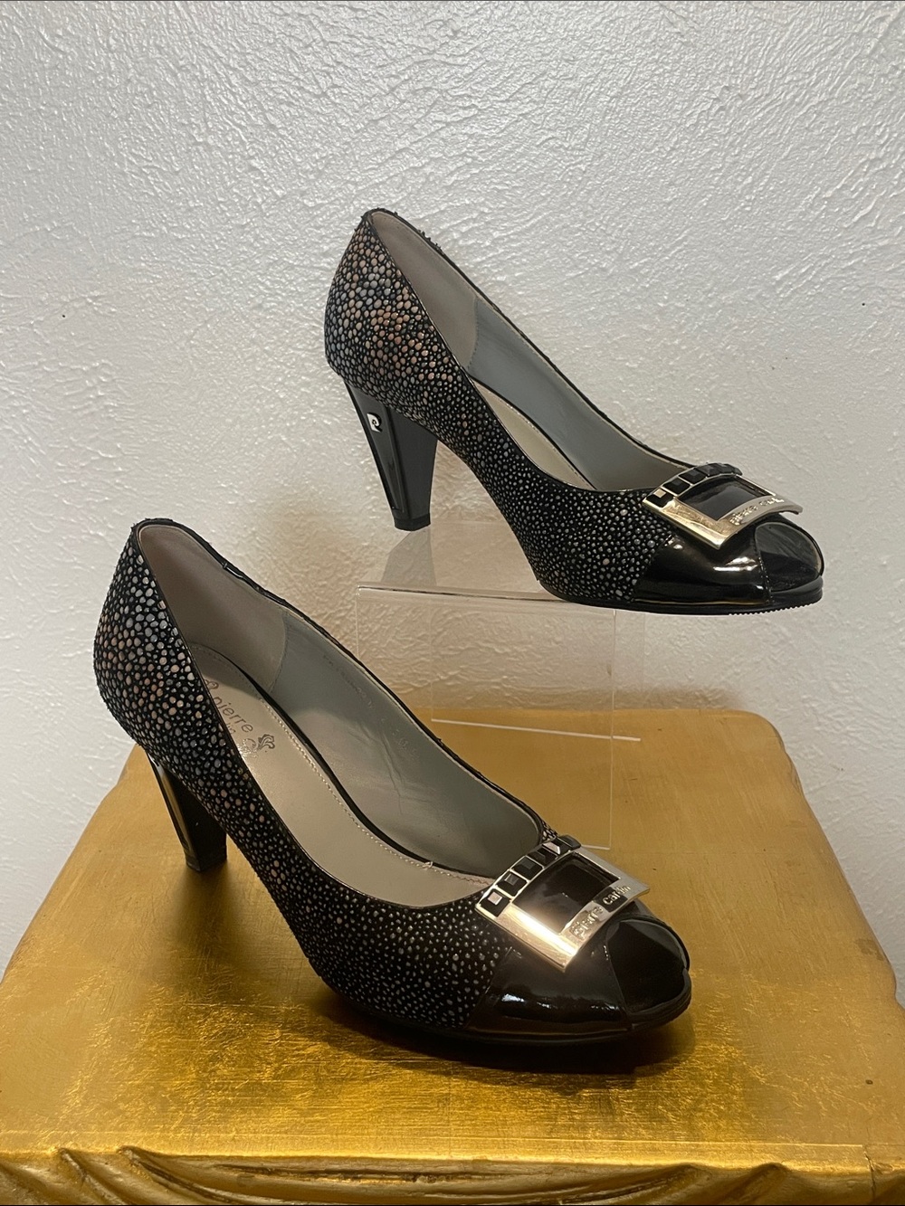 Pierre Cardin Black Dotted Patent Peep-Toe Heels with Silver Buckle